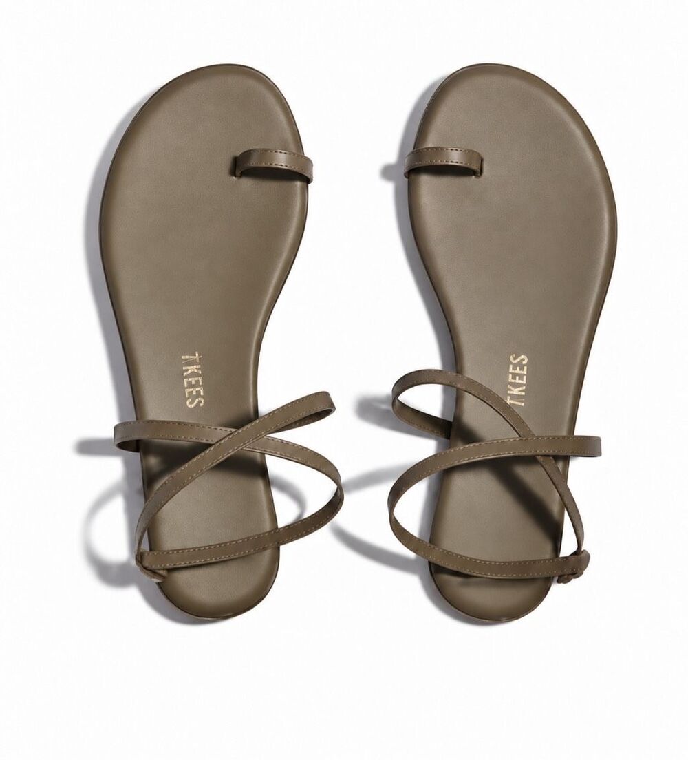 NWOB TKEES Taupe Leather Toe Loop Ankle-Wrap Flat Sandals, olive green Sz 9, $10
